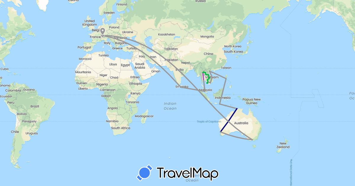 TravelMap itinerary: driving, bus, plane, train in Australia, Switzerland, Indonesia, Cambodia, Laos, Sri Lanka, Malaysia, Philippines, Thailand, Vietnam (Asia, Europe, Oceania)